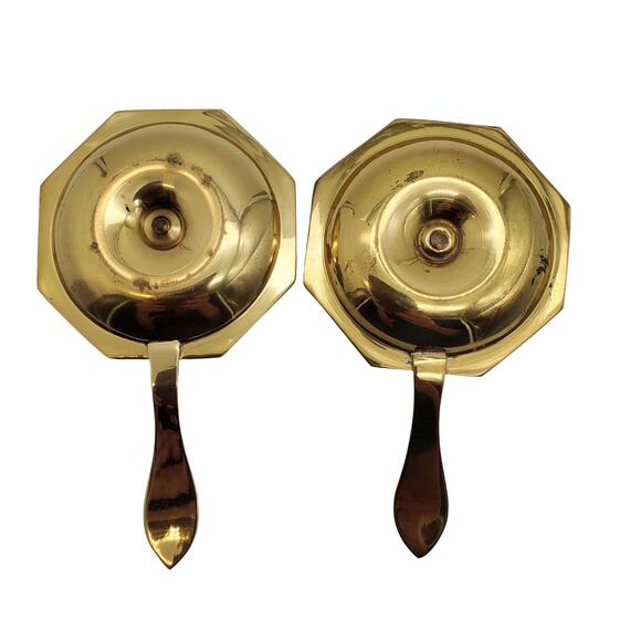 2 Brass Candlestick Holders Handle Tray 6" Vintage Chambersticks Candleholders - Picture 7 of 12